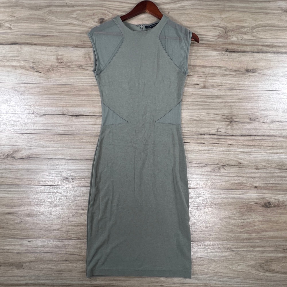 French Connection Sage Green Mesh Panel Bodycon Midi Dress Sleeveless